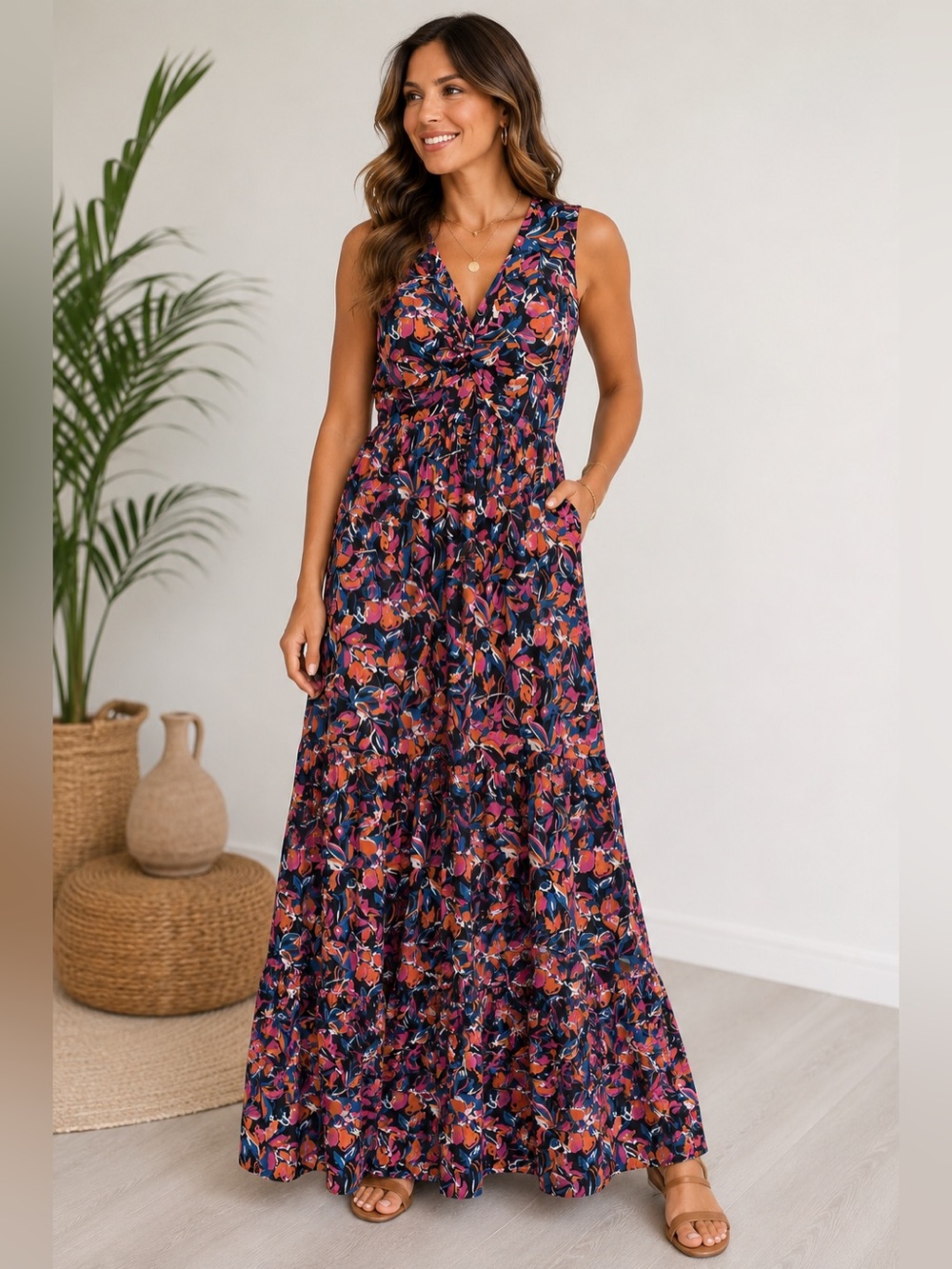 NWT French Connection Twist Front Floral Maxi Dress XL 100% Cotton Sleeveless
